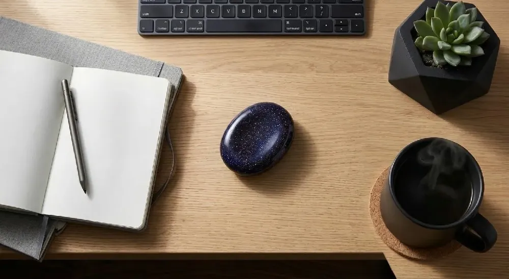 Blue sandstone crystal on a wooden desk beside a notebook and coffee for mental clarity focus and productivity